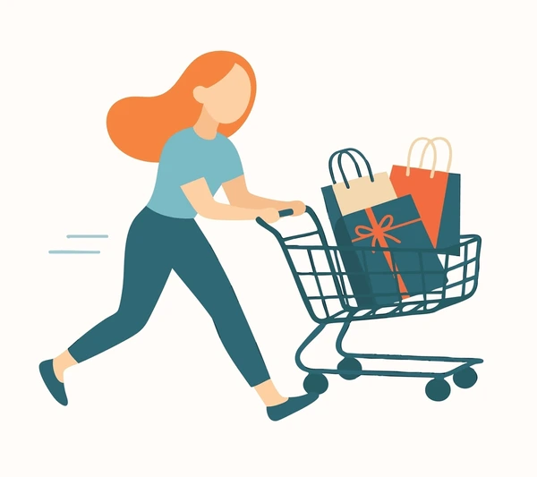 Illustration of a woman pushing a shopping cart